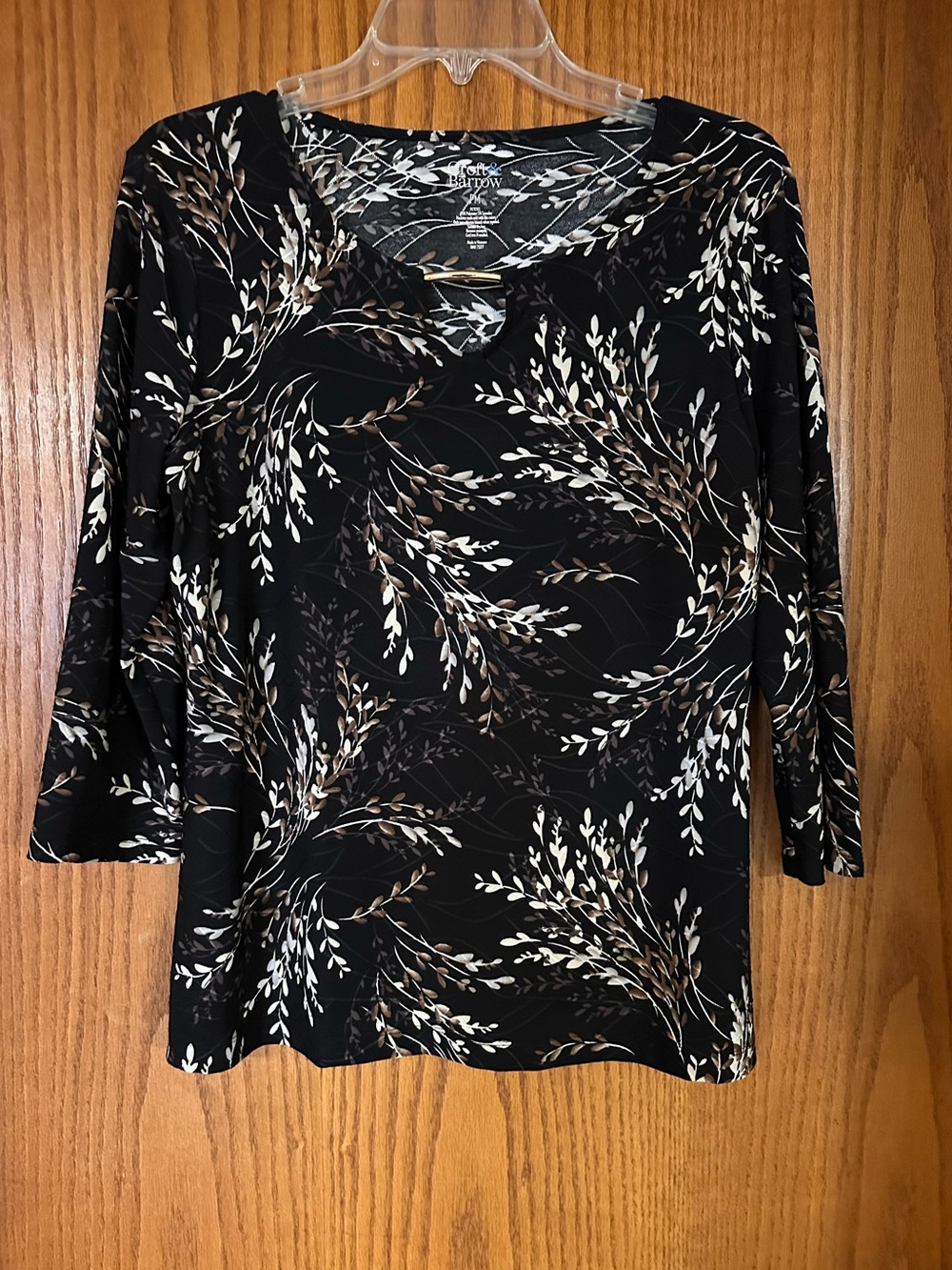 croft & barrow Black 3/4 Sleeve Floral-Branch Print Top